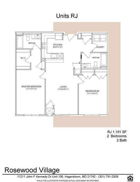 Floor plan for 2 beds, 2 baths, 1101 sqft